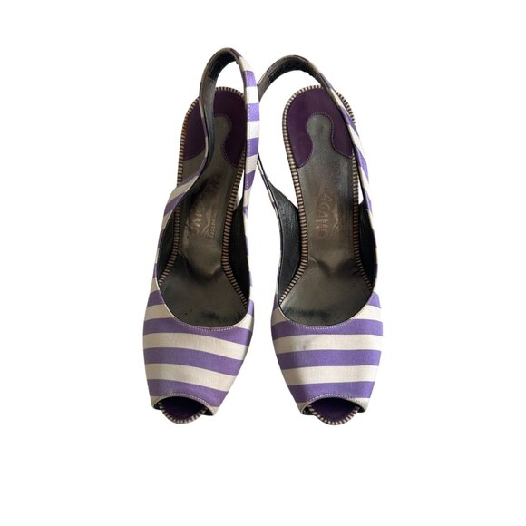SALVATORE FERRAGAMO Purple White Striped Slingback Heels Size 7 - Picture 2 of 14